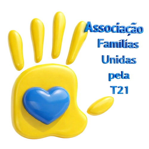 Logo Famílias Unidas pela T21 — mão amarela com coração azul